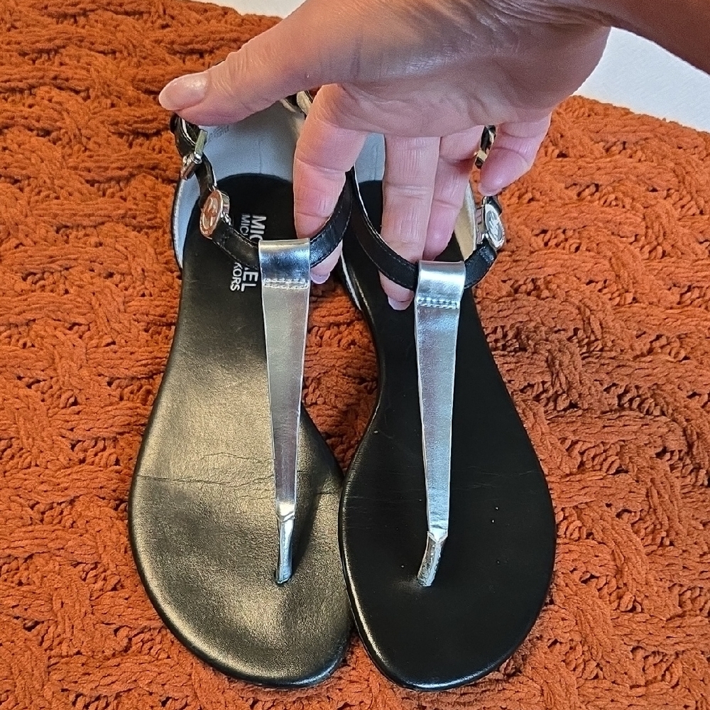 Michael Kors Silver and Black Sandals with Metallic T-Strap